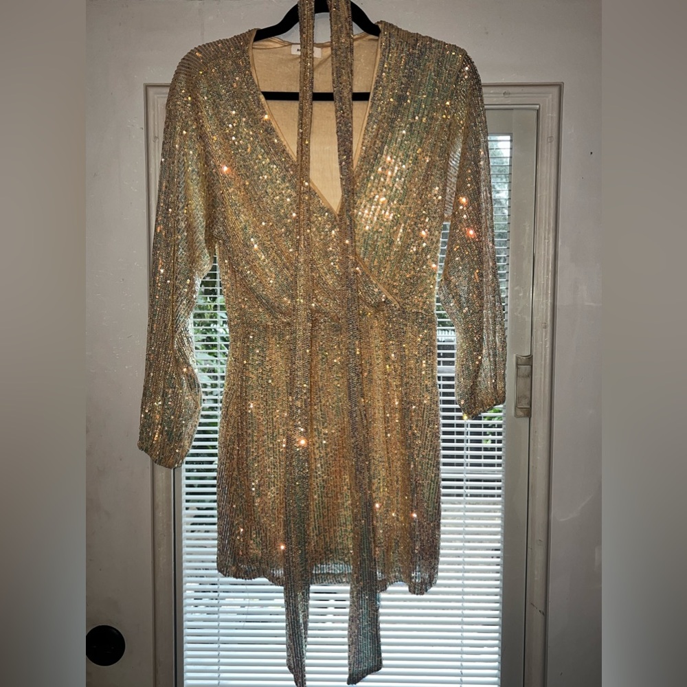 Off White Long Sleeve Sequin Dress